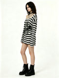 Slouchy Off-Shoulder Striped Top with Grunge Print