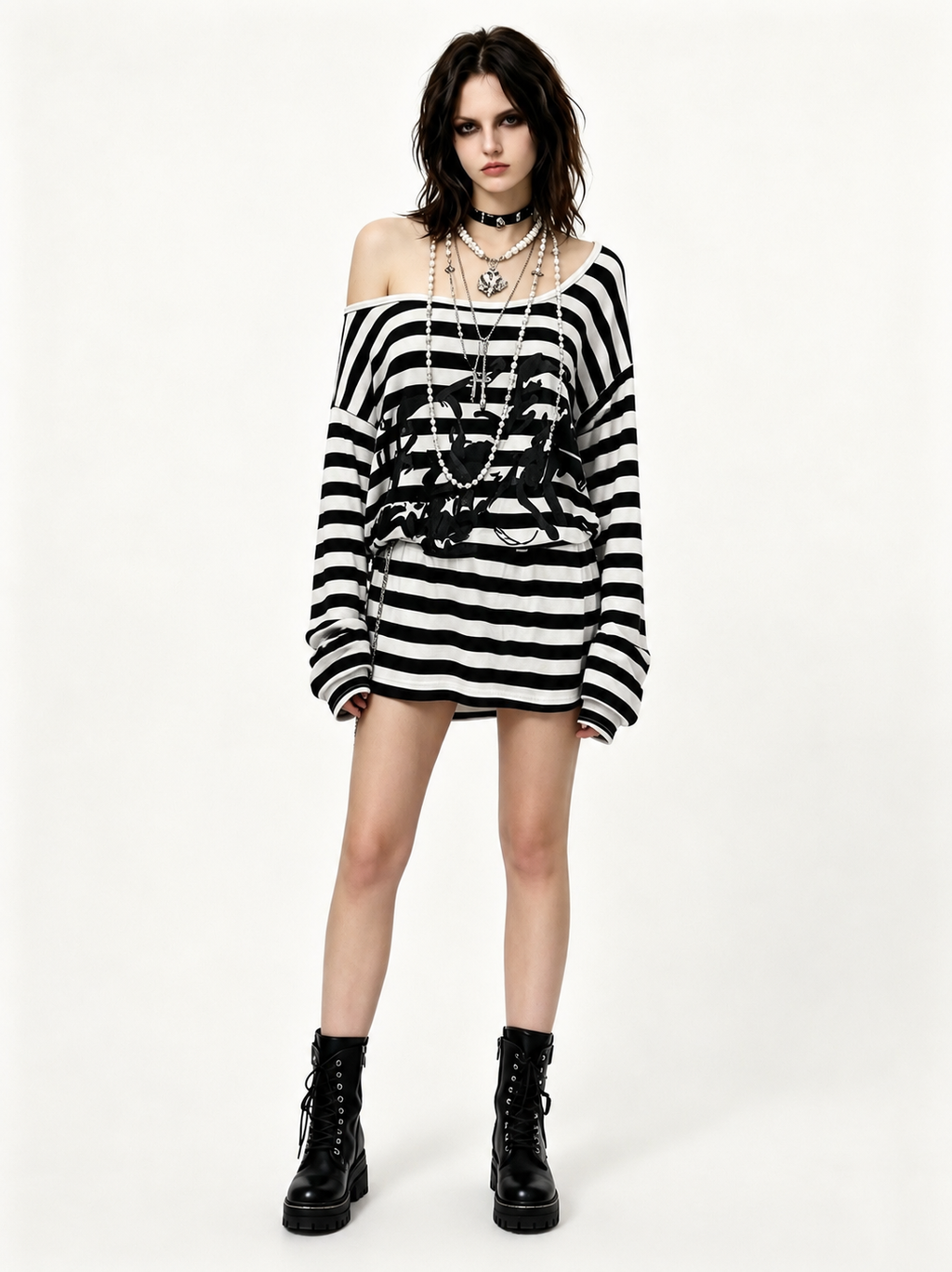 Slouchy Off-Shoulder Striped Top with Grunge Print